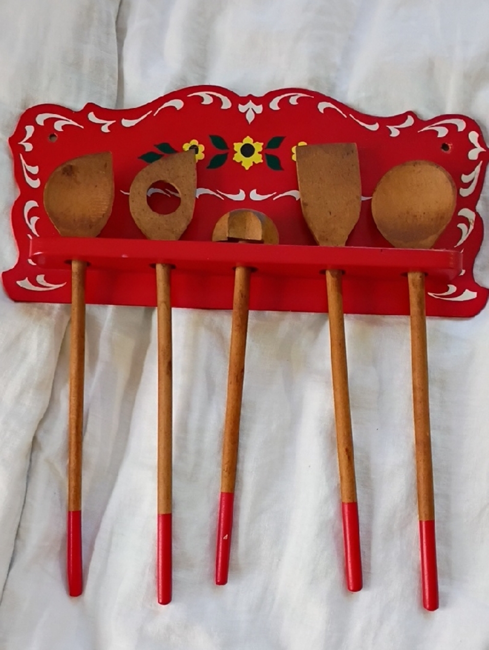 Hand-Painted Red Wooden Spoon Rack With Five Utensils. Vintage 1970's .
